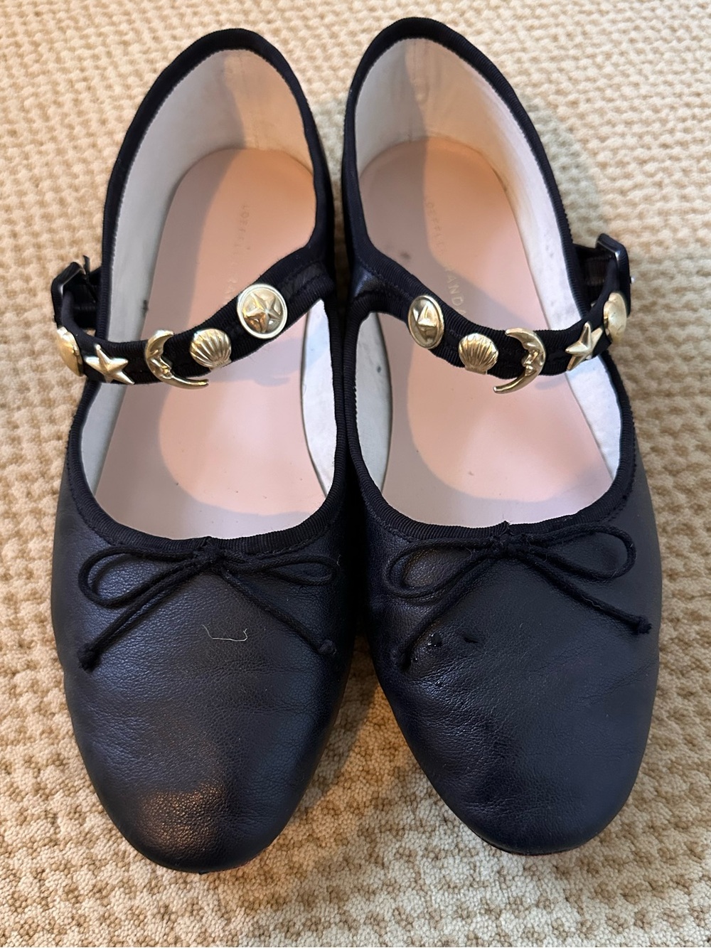 Loeffler Randall Black Mary Jane Ballet Flats with Gold Star & Shell Accents